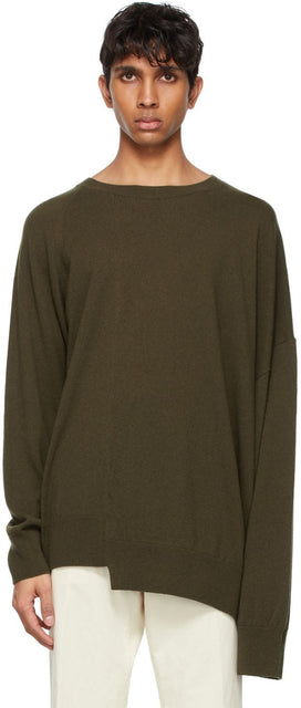 Dries Van Noten Khaki Cashmere Asymmetric Hem Sweater - SHARIES Pull d'ourchie asymétrique de cachemire Kaki Noten Kaki - Van Noten Khaki Cashmere Asymmetric 헴 스웨터를 건조합니다
