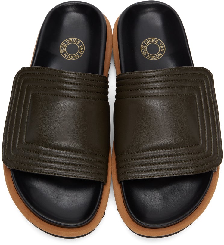 Dries Van Noten Khaki Leather Strap Slides