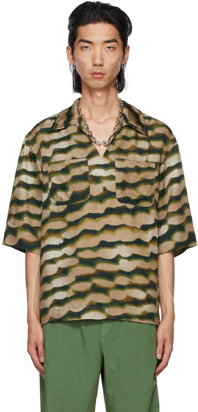 Dries Van Noten Khaki Len Lye Edition Graphic Short Sleeve Shirt - Sèche Van Noten Khaki Len Lye Edition Chemise à manches courtes graphique - 밴 노 벤 카키 렌 렌즈 에디션 그래픽 짧은 소매 셔츠