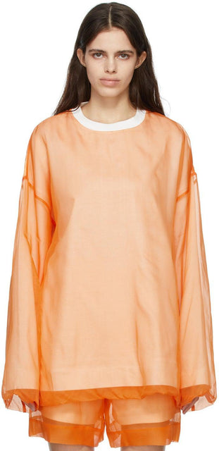 Dries Van Noten Orange Organza Overlay Sweatshirt - Sweat-shirt de superposition d'organza orange - 밴 알루미없는 오렌지 오버레이 스웨터를 건조합니다