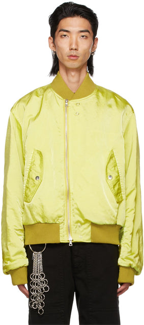 Dries Van Noten Yellow Crinkled Nylon Overdyed Bomber Jacket - DRIES VAN NOTEN VESTE VERNIÈRE DE BOMBER OURDOLED EN NYLON DE BRANCHÉ - Van Noken Now Nowlined Nylon overdyed bomber jacket.