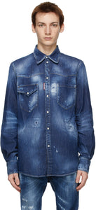 Dsquared2 Blue Straight Western Shirt - Dsquared2 Bleu Right Western Shirt - Dsquared2 블루 스트레이트 웨스턴 셔츠