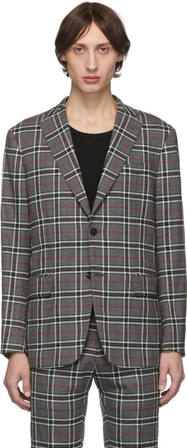 Eidos Grey Wool Windowpane Plaid Blazer - Blazer à carreaux de laine de laine grise Eidos - Eidos 회색 양모 창 팬 격자 무늬 블레이저