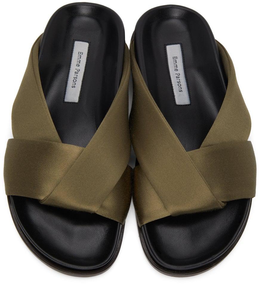 Emme Parsons Khaki Satin Folded Slides
