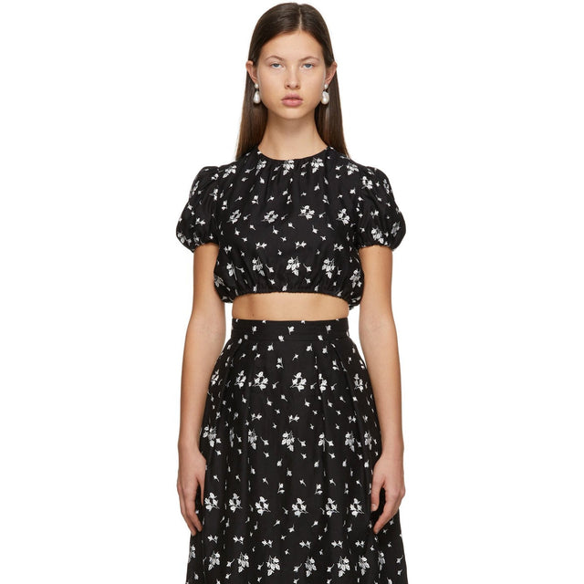 Erdem Black Embroidered Romi Cropped T-Shirt - T-shirt romi romi brodé erdem noir - ERDEM 블랙 수 놓은 ROMI 자른 티셔츠