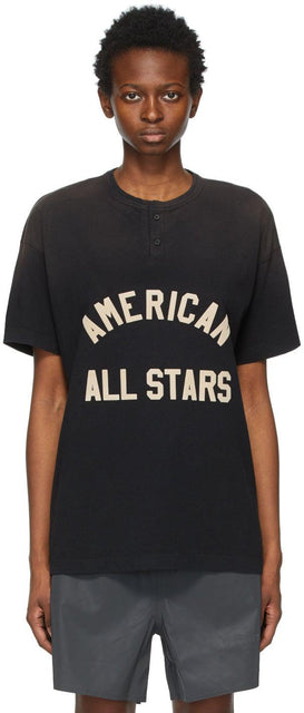Fear of God Black 'All Stars' Henley T-Shirt - Peur de Dieu Black 'Toute Stars' Henley T-shirt - 흑인의 모든 별들의 헨리 티셔츠에 대한 두려움