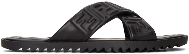 Fendi Black Leather 'Forever Fendi' Slides - Diapositives Fendi Cuir Noir 'Forever Fendi' - 펜디 블랙 가죽 'Forever Fendi'슬라이드