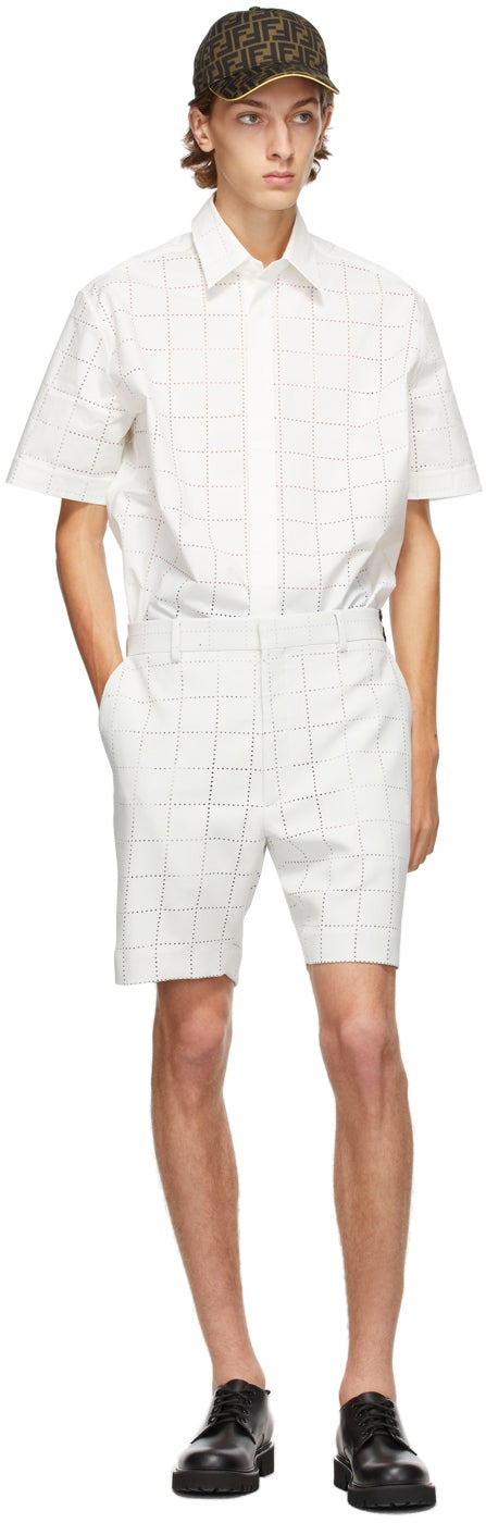 Fendi White Wool Punched Check Shorts