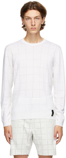 Fendi White Wool Punched Check Sweater - Pull de vérification perforé de laine blanche Fendi - Fendi White Wool 펀치 체크 스웨터