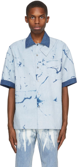 Feng Chen Wang Blue Resist Dyed Short Sleeve Shirt - Feng Chen Wang Bleu Résistère Chemise à manches courtes teintes - Feng Chen Wang Blue List 염색 짧은 소매 셔츠