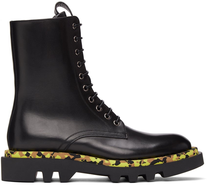 Givenchy Black Leather Camo Combat Lace-Up Boots - Bottes à lacets à lacets Camo en cuir noir Givenchy - Givenchy 블랙 가죽 카모 전투 레이스 업 부츠