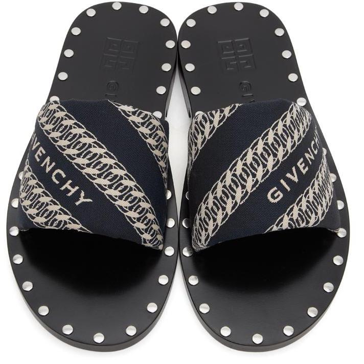 Givenchy Navy Jacquard Chain Mules - Mules de chaîne Jacquard Givenchy Navy Jacquard - 지방시 네이비 자카드 체인 노새
