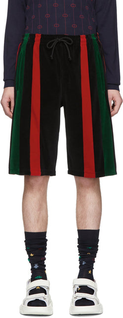 Gucci Black Chenille Signature Stripe Shorts - Short à rayures Signature Gucci Noir Chenille - 구찌 블랙 셔닐 실 스트 라이프 반바지