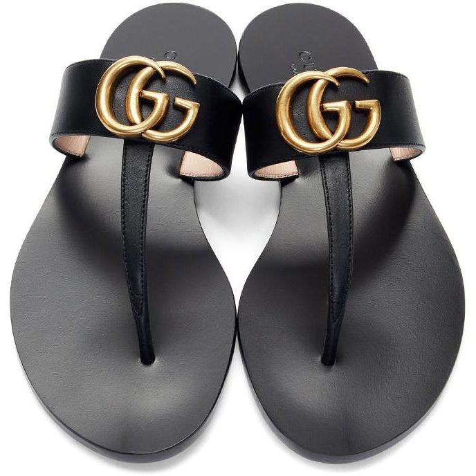 Gucci Marmont Women's GG Black Leather Thong Flat Sandals Size 39.5 EU 9.5  US | eBay