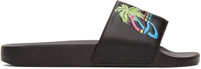 Gucci Black 'Gucci Hawaii' Pool Slides - Gucci Black 'Gucci Hawaii' Piscine Diapositives - 구찌 블랙 '구찌 하와이'풀 슬라이드