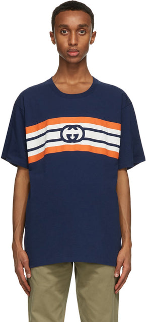 Gucci Blue Interlocking G Stripe Print T-Shirt - T-shirt imprimé à rayures Gucci Blue - 구찌 블루 연동 G 스트라이프 프린트 티셔츠