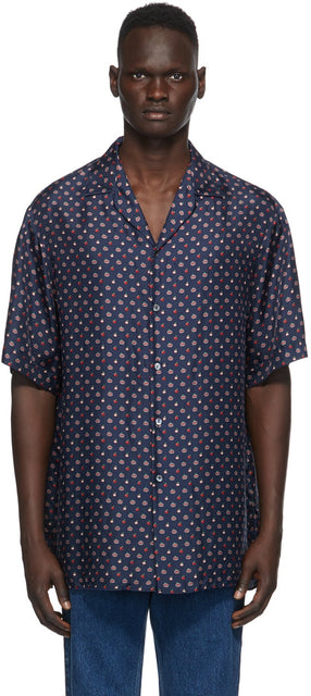 Gucci Blue Silk Apple Print Bowling Shirt - Chemise de bowling pomme de pomme de la soie bleue Gucci - 구찌 블루 실크 애플 인쇄 볼링 셔츠