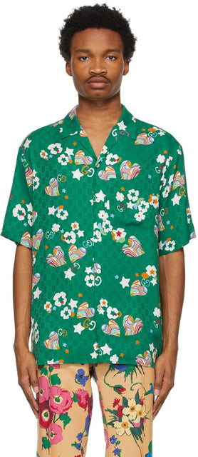 Gucci Green Silk GG Graphic Shirt - Chemise graphique GUCCI GREEN SILK GG - 구찌 녹색 실크 gg 그래픽 셔츠