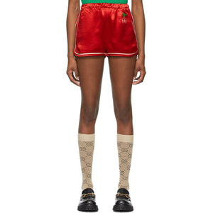 Gucci Red Satin GG Cherry Shorts - Short de cerisier de satin rouge gucci - 구찌 레드 새틴 GG 체리 반바지