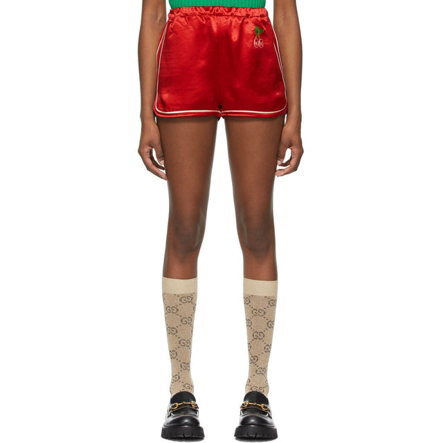 Gucci Red Satin GG Cherry Shorts - Short de cerisier de satin rouge gucci - 구찌 레드 새틴 GG 체리 반바지