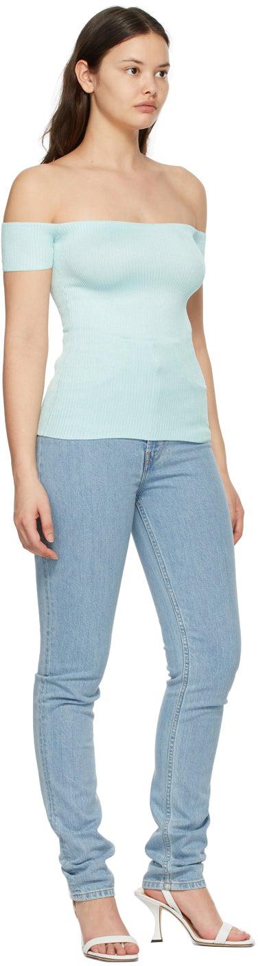 Helmut Lang Blue Off-The-Shoulder T-Shirt