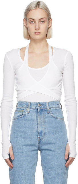 Helmut Lang White Wrap Long Sleeve T-Shirt - T-shirt à manches longues à manches longues de Helmut Lang - Helmut Lang 화이트 랩 긴 소매 티셔츠