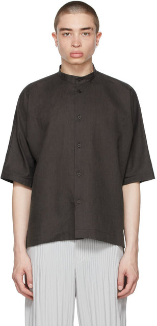 Homme PlissÃ© Issey Miyake Brown Cotton Linen Short Sleeve Shirt - Homme Plissé Issey Miyake Chemise à manches courtes en lin en coton brun - Homme Plissé issey 미야케 브라운 코튼 린넨 짧은 소매 셔츠