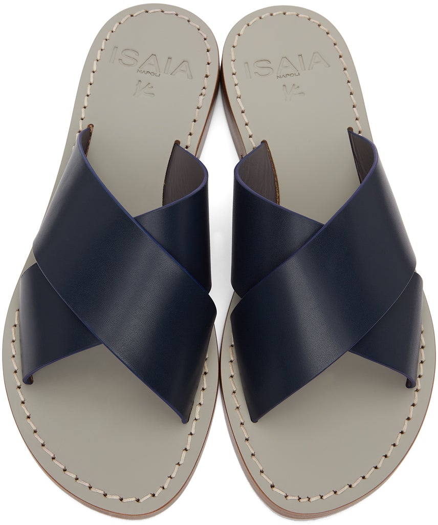 Isaia Navy Leather Strap Sandals