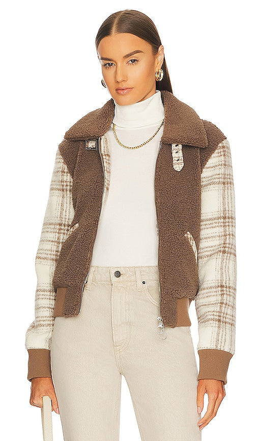 JONATHAN SIMKHAI STANDARD Wool Plaid Sherpa Bomber Jacket in Taupe Jonathan Simkhai Standard Wool Plaid Sherpa Bomber veste à Taupe Jonathan Simkhai标准羊毛格子Sherpa轰炸机外套