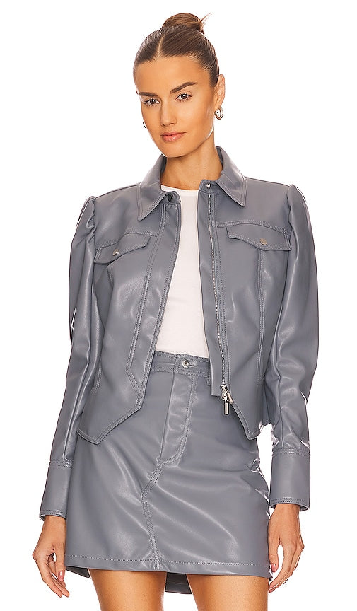 JONATHAN SIMKHAI STANDARD Wyatt Leather Puff Sleeve Zip Up Jacket in Grey Jonathan Simkhai Standard Wyatt Le cuir en cuir Puff Sleeve Zip Up en gris Jonathan Simkhai标准Wyatt Leather Puff套筒拉链夹克穿着灰色