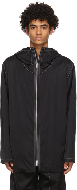 Jil Sander Black Crinkled Satin Hooded Coat - Jil Sander Black Brother Coat à capuche en satin - JIL 샌더 블랙 스틴트 후드 코트를 찌르고 있습니다