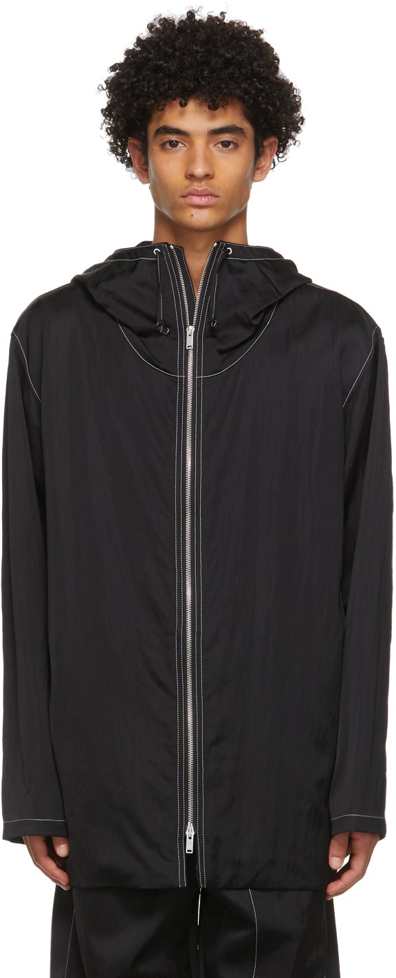 Jil Sander Black Crinkled Satin Hooded Coat - Jil Sander Black Brother Coat à capuche en satin - JIL 샌더 블랙 스틴트 후드 코트를 찌르고 있습니다
