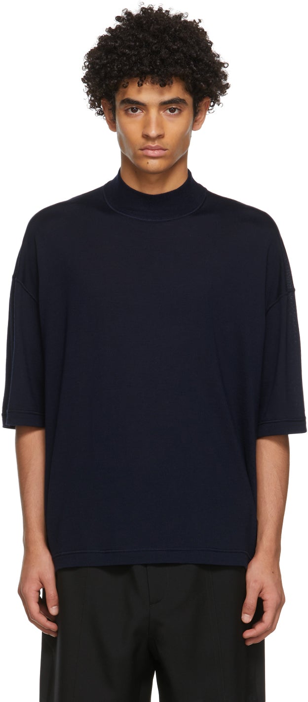Jil Sander Navy Mock Neck Sweater T-Shirt - Jil Sander Navy Mock Col T-shirt - JIM 샌더 네이비 모의 목 스웨터 티셔츠