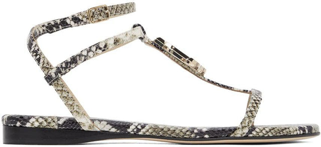 Jimmy Choo Grey Snake Alodie Flat Sandals - Sandales plates Jimmy Choo Gris Snake Alodie - Jimmy Choo 그레이 뱀 Alodie 플랫 샌들