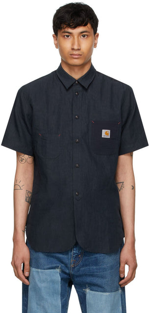 Junya Watanabe Navy Carhartt Edition Garment-Dyed Short Sleeve Shirt - JUNYA WATANABE NAVY CARHARTT EDITION Chemise à manches courtes teintes de vêtement - Junya Watanabe Navy Carhartt Edition 의류 염색 짧은 소매 셔츠