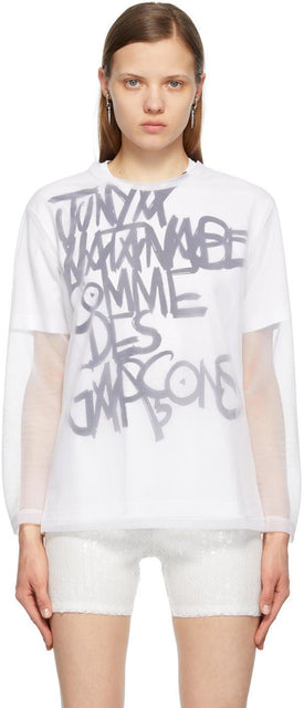 Junya Watanabe White Mesh Long Sleeve T-Shirt - T-shirt à manches longues en treillis blanc Junya Watanabe - Junya Watanabe 화이트 메쉬 긴 소매 티셔츠