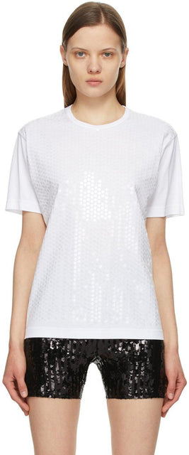 Junya Watanabe White Sequin T-Shirt - T-shirt à paillettes blanc Junya Watanabe - Junya Watanabe 화이트 스팽글 티셔츠