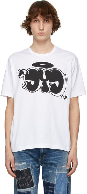 Junya Watanabe White eYe Printed T-Shirt - T-shirt imprimé des yeux blanc Junya Watanabe - Junya Watanabe 화이트 눈 인쇄 티셔츠