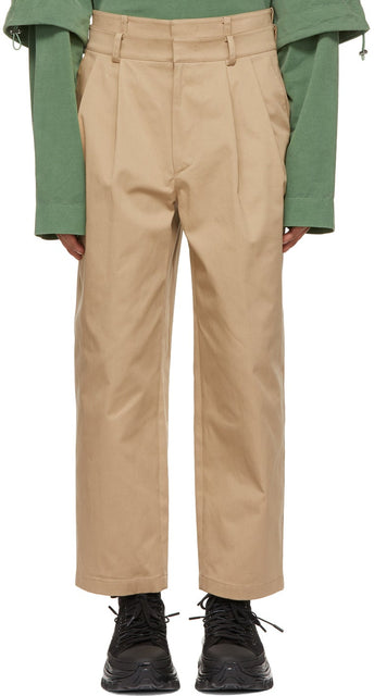 Juun.J Beige Two-Pleat Double Waistband Trousers - Juun.j beige Pantalon double de ceinture à deux plis à deux plis - Juun.j 베이지 2 주추 더블 허리 밴드 바지