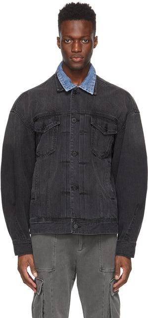 Juun.J Black Denim Layered Trucker Jacket - Juge de camionneur en denim noir de juun.j - Juun.j 블랙 데님 계층 트럭 재킷