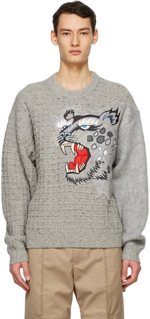 Kenzo Grey Kansai Yamamoto Edition Wool Embroidered Sweater - Kenzo Grey Kansai Yamamoto Edition Pull brodé en laine de laine - Kenzo Gray 간사이 야마모토 에디션 양모 수 놓은 스웨터