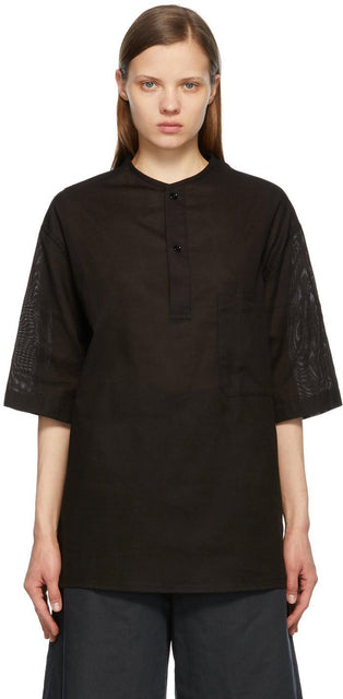 Lemaire Black Henley T-Shirt - T-shirt Lemaire Noir Henley - lemaire 검은 헨리 티셔츠