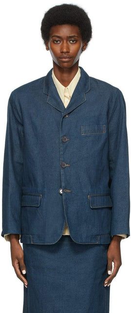 Lemaire Blue Denim Boxy Single-Breasted Jacket - Lemaire Blue Blue Boxy Jape à poitrine - lemaire 블루 데님 복서 단일 가슴 자 켓