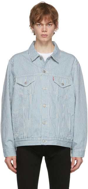 Levi's Blue Denim Stripe Vintage Fit Trucker - Levi's Blue Denim Stripe Trucker Vintage Trucker - 레비의 블루 데님 스트라이프 빈티지 맞는 트럭 운전사