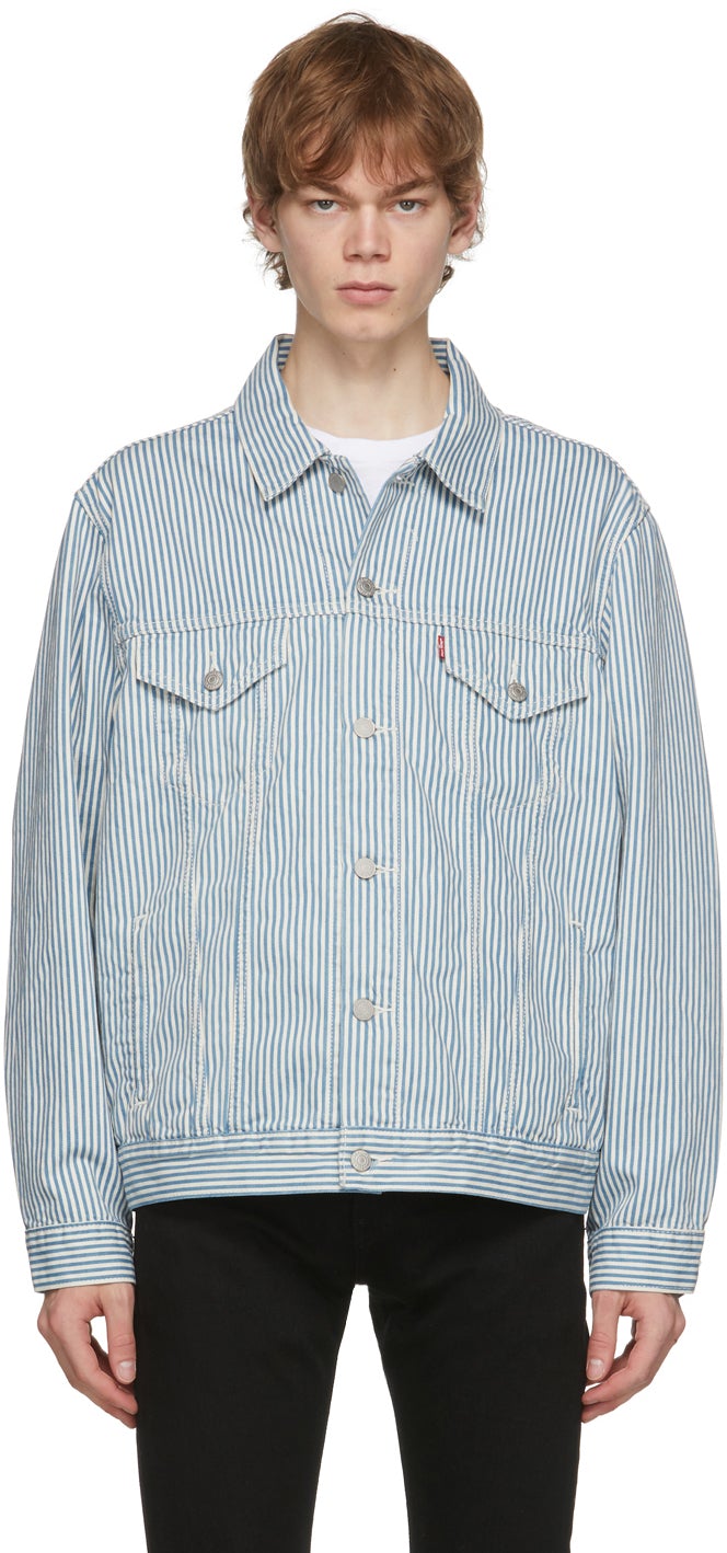 Levi's Blue Denim Stripe Vintage Fit Trucker - Levi's Blue Denim Stripe Trucker Vintage Trucker - 레비의 블루 데님 스트라이프 빈티지 맞는 트럭 운전사