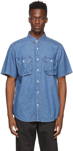 Levi's Blue Denim Two Pocket Relaxed Safari Short Sleeve Shirt - Levi's Blue Denim Deux poche Safari Safari Chemise à manches courtes - Levi 's Blue Denim 두 포켓 편안한 사파리 짧은 소매 셔츠