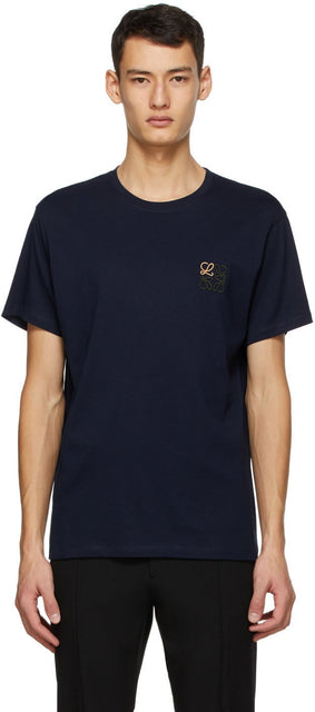 Loewe Navy Anagram Embroidered T-Shirt - T-shirt brodé d'anagramme de Loewe Navy Anagram - Loewe Navy Anagram 수 놓은 T 셔츠