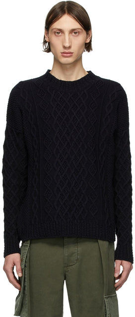 Loewe Navy Cable Knit Sweater - Pull en tricot de câble Loewe Navy - Loewe Navy 케이블 니트 스웨터