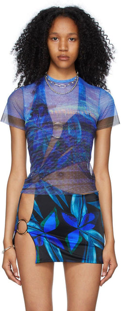 Louisa Ballou Blue Mesh Beach T-Shirt - T-shirt Louisa Ballou Ballou Beach Beach - Louisa Ballou 블루 메쉬 비치 티셔츠