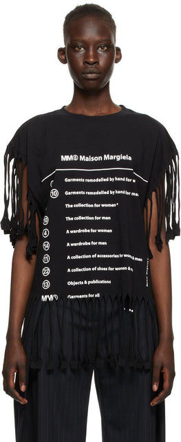 MM6 Maison Margiela Black Logo Fringe T-Shirt - MM6 Maison Margiela Black Logo T-shirt Fringe - MM6 Maison Margiela 블랙 로고 프린지 티셔츠